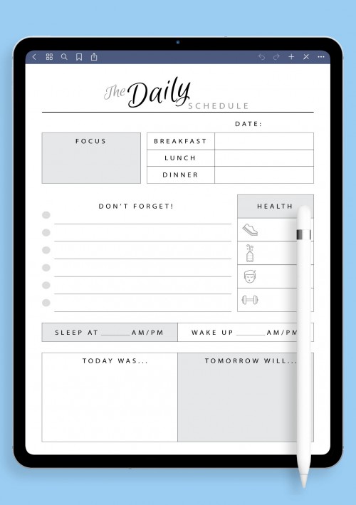 The Daily Schedule with Health section template for iPad