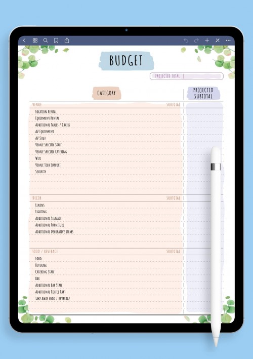 GoodNotes Party Budget - Floral Style
