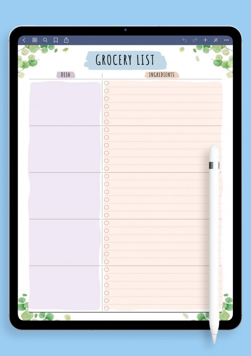 Notability Party Grocery List Template - Floral Style