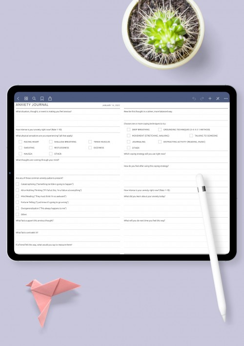 Printable Anxiety Journal with Coping Strategies &amp; CBT Prompts template for GoodNotes