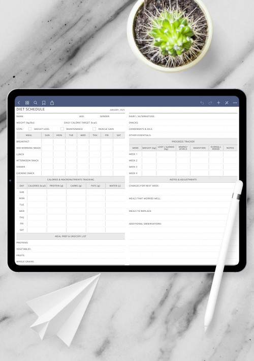 Printable Diet Planner with Meal Schedule, Calories &amp; Macros template for GoodNotes