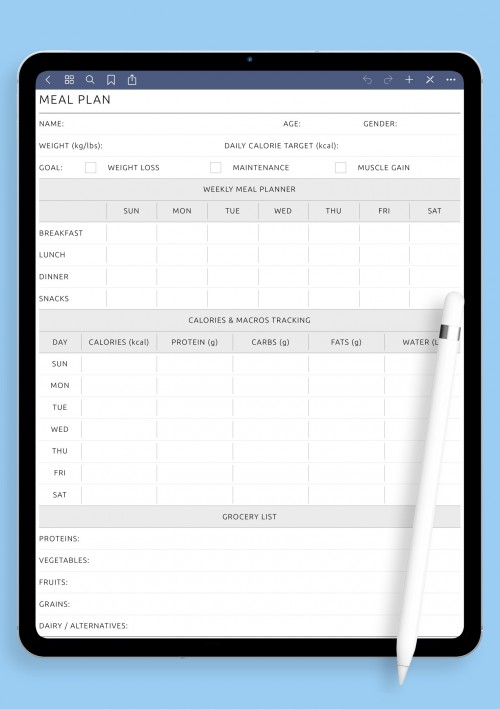 Printable Eating Plan with Macronutrients &amp; Weekly Meals template for GoodNotes