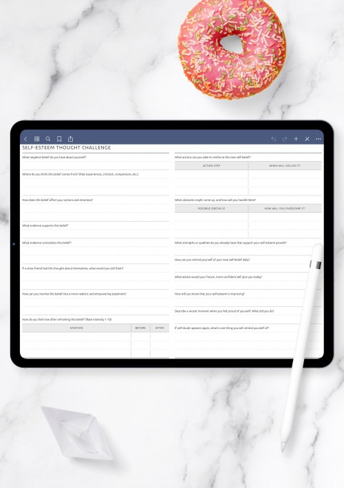 Self-Esteem Thought Challenge Worksheet for Reframing Negative Beliefs template for GoodNotes