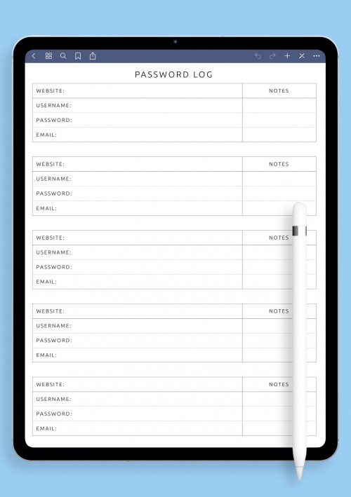 Simple Password Log Template for Notability