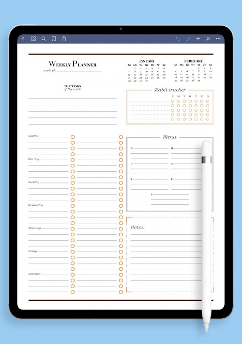 Weekly planner template with habit tracker for iPad